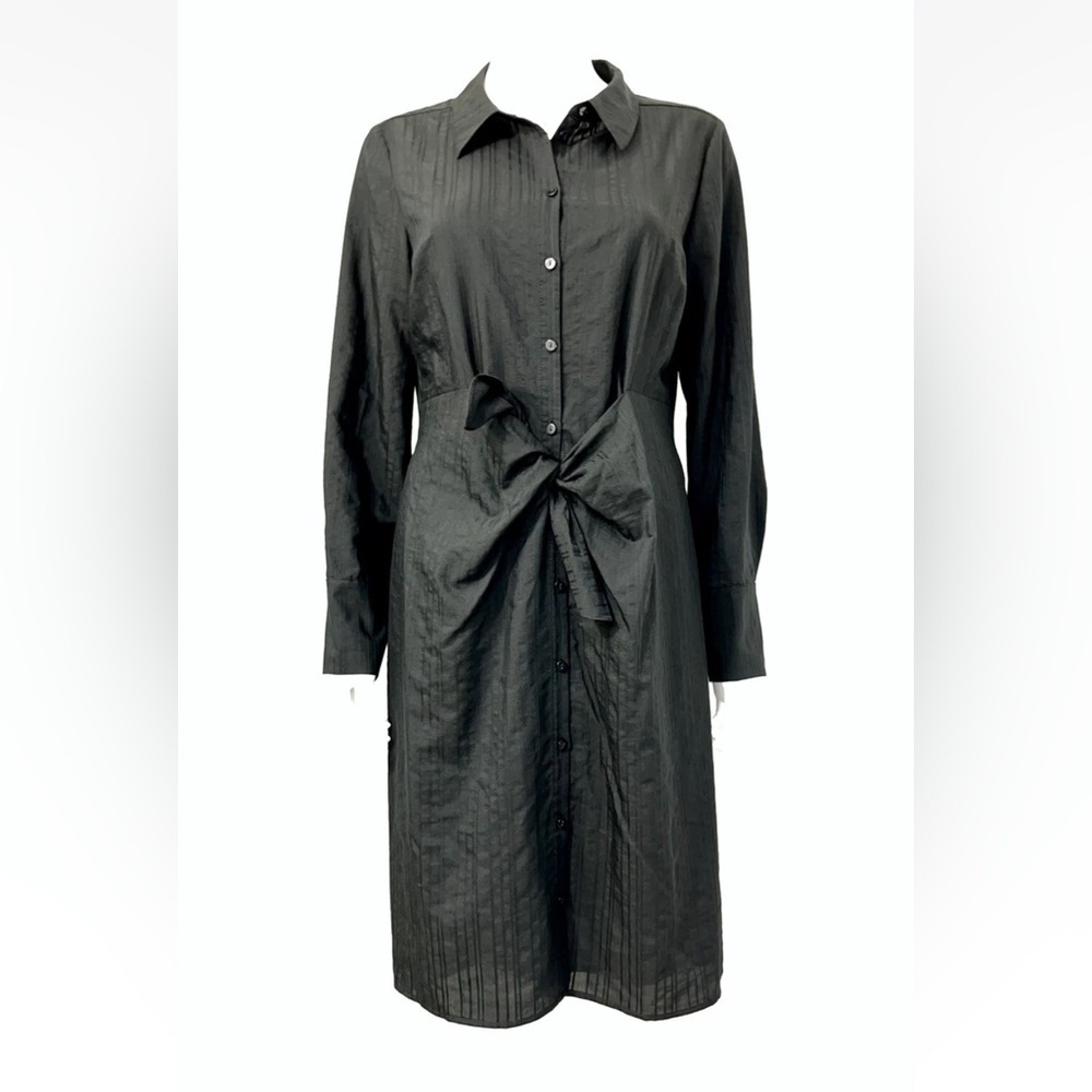 Rebecca Taylor Tailored Black Dobby Stripe Tie Waist Shirt Dress Size 2 preloved
